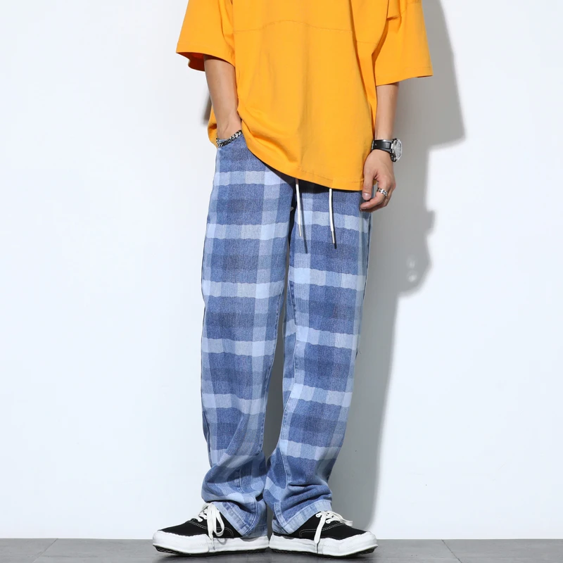 2024 Trendy American High Street Pants Men's Casual Pants Loose Tie Feet Youth Checkered Casual Pants