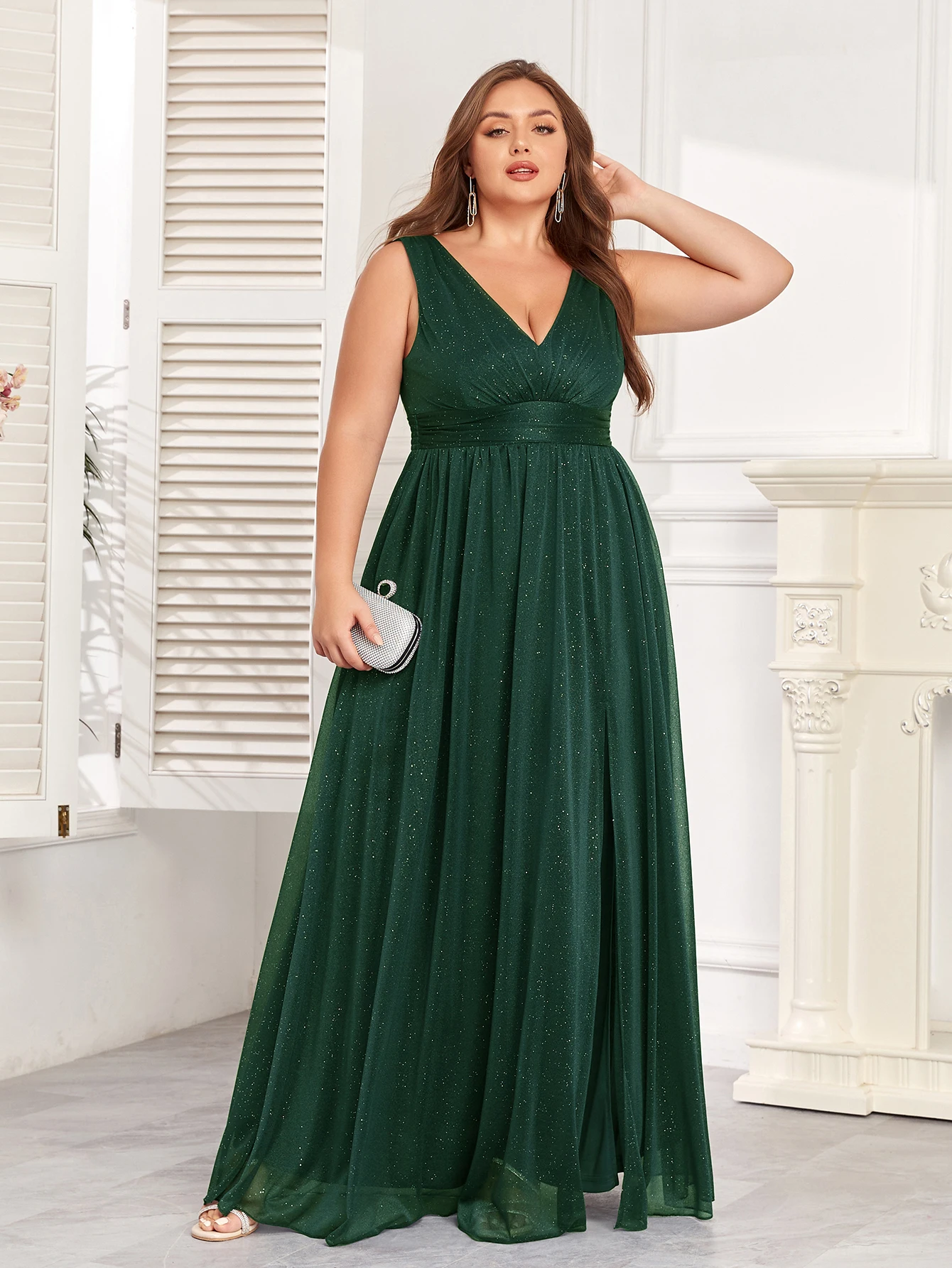 New Sparkling Chiffon Evening Gown Double V-Neck A-line Bridesmaid /Party Dress Side Slit Floor Length Dress.  S-4X - view
