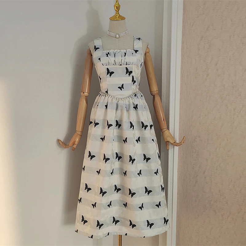 

Summer New Fashion 2023 Women Spaghetti Strap Beading Butterfly Jacquard Diamonds Pleated Stripe Mid-calf Elegently Cacual Dress