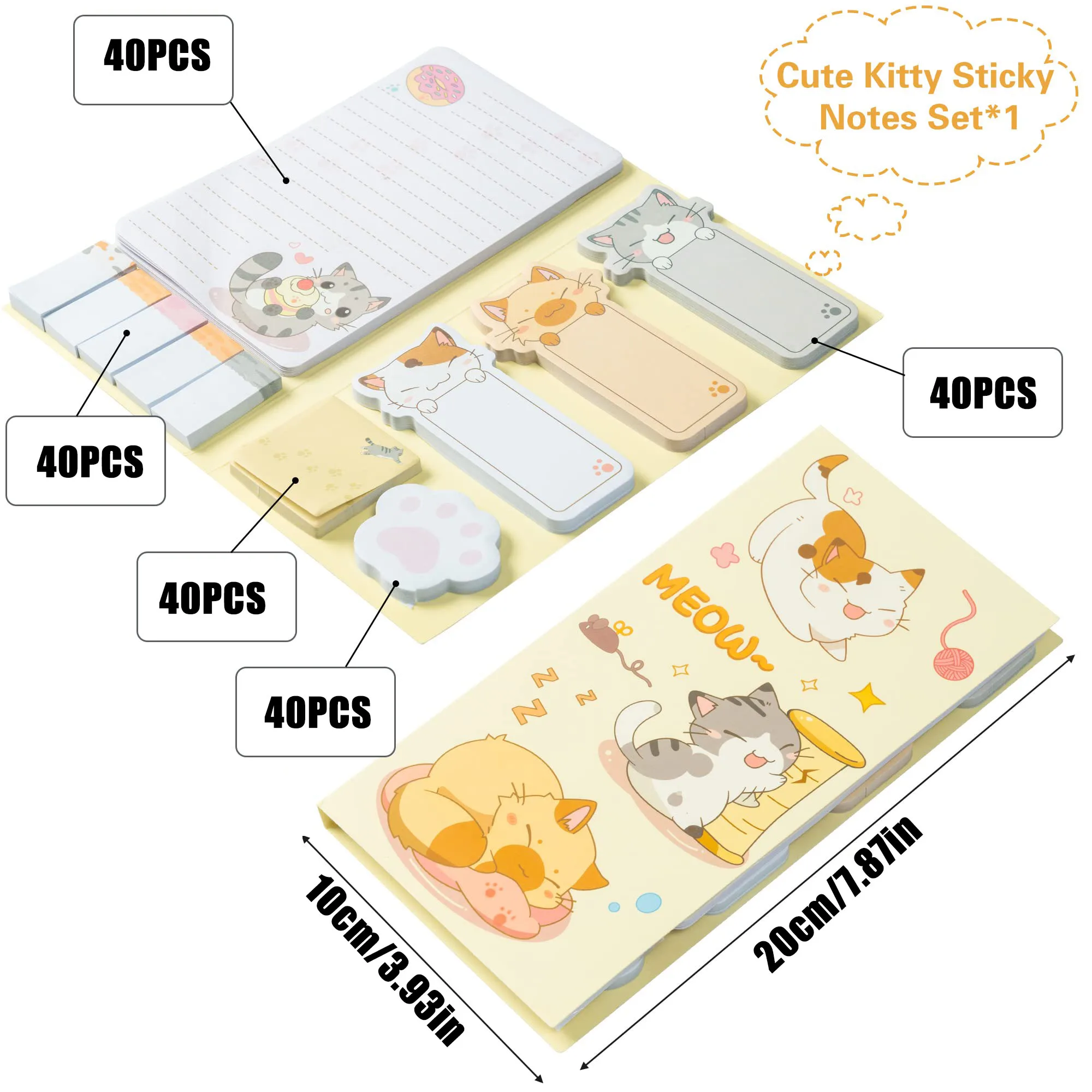 고양이 스티커 메모 세트, 440 시트, 귀여운 고양이와 발 모양 셀프 스틱 메모 패드, 동물 디바이더 탭, 학교 사무용품