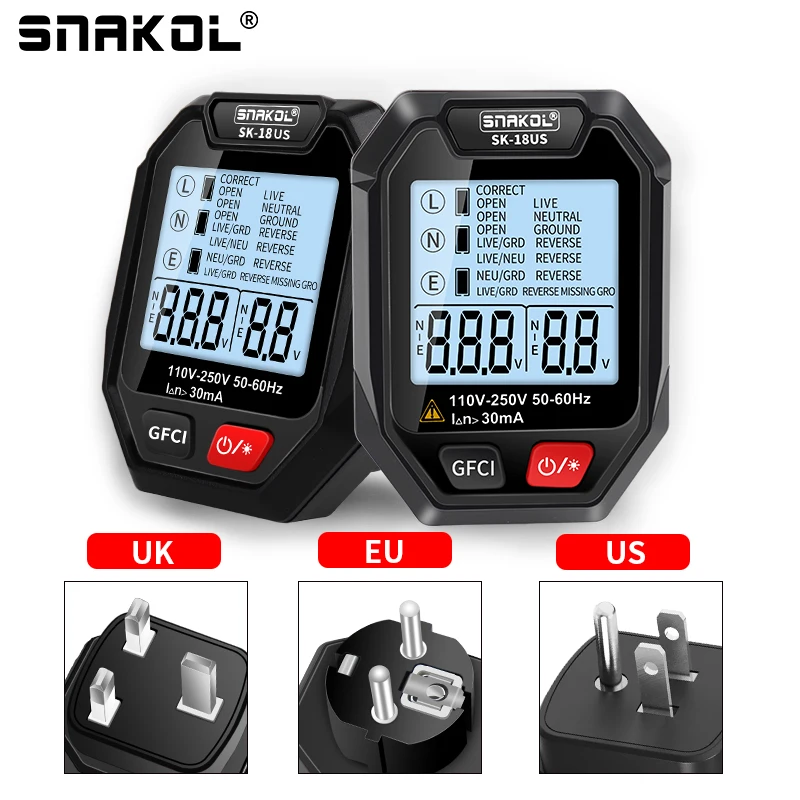 SK18 Digital Socket Tester EU US UK Plug Polarity Detection Large LCD Socket Wiring Diagnosis Voltage Display RCD Test 2