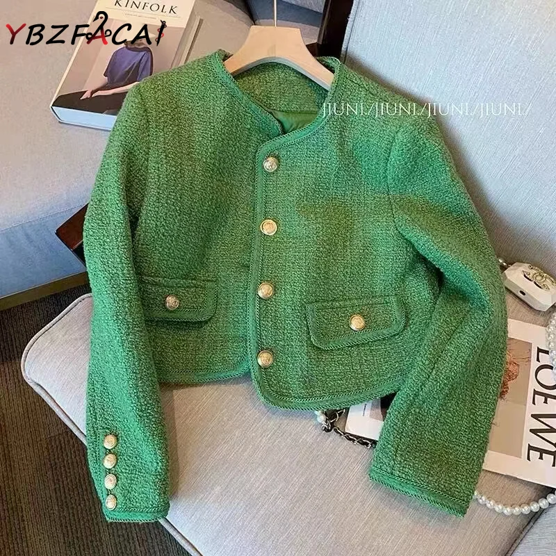 

French Luxury Green Tweed Jacket Women Winter Long Sleeve Wool Coat Retro Casual Cropped Top Korean Fall Baseball Uniform Women