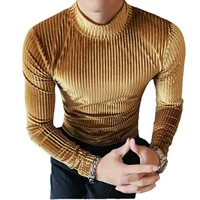 New Gold Velvet T Shirt Men Clothing Fashion Trend Male Luxury Prom Party Long-sleeved Striped Pullover Tops Homme