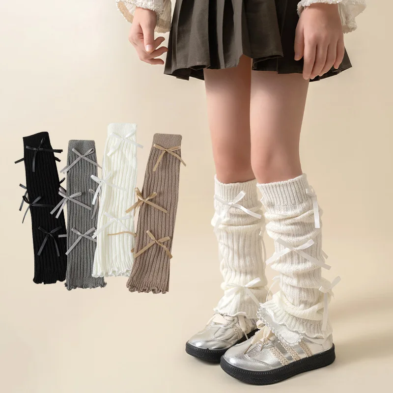 1Piece Bow Girls Leg Warmer Elegant Children's Long Stocking Knitted Fashion Foot Cover Socks Crochet Loose Leg Warmer 3-12Years