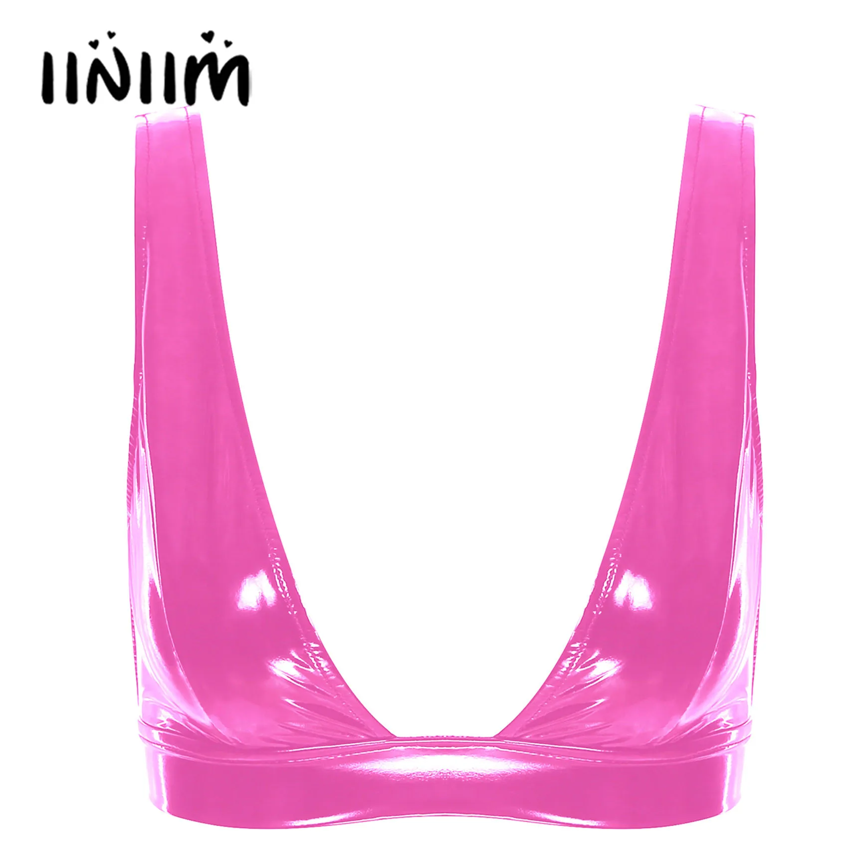 Sexy Womens Wet Look Reggiseno In Pelle Verniciata Top Tracolla Larga Lingerie Reggiseno Push Up Top Low-Cut Crop Canotta Gilet Clubwear