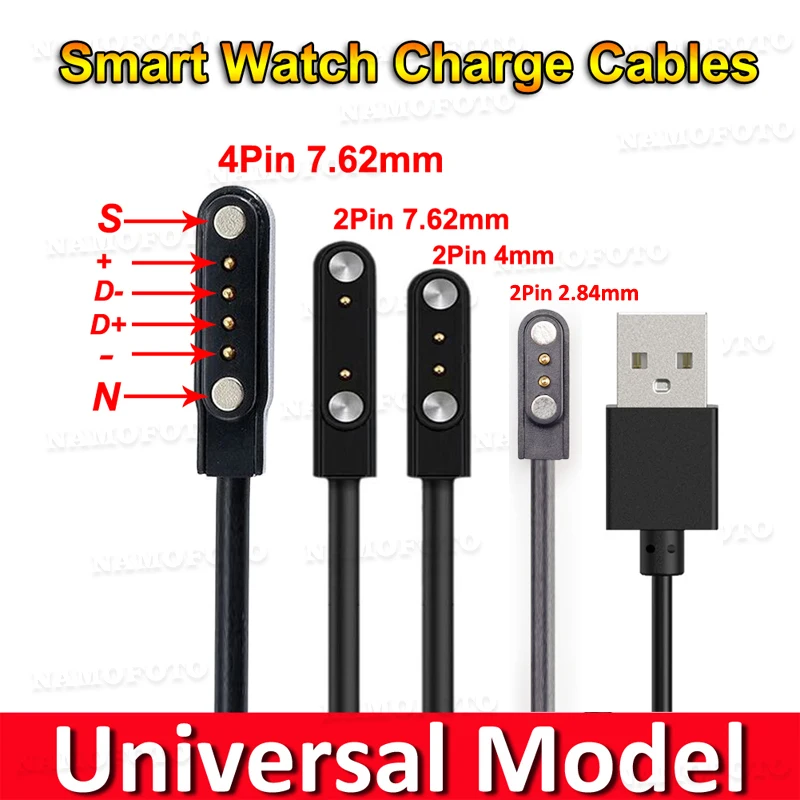 Aliwisdom [2 stuks] universele smartwatch oplaadkabel 7,62 mm, Smart Watch accessoires USB Charging Kabel universele 4-polige oplader magnetisch compatibel met Polig Pitch 7,5 mm - 8 mm