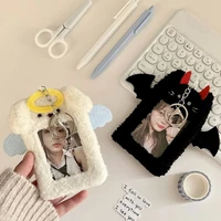 INS Cute Angel Rabbit Plush Photocard Holder Kpop Idol Photo Sleeve Protective Case Student ID Card Cover With Keychain Pendant 2
