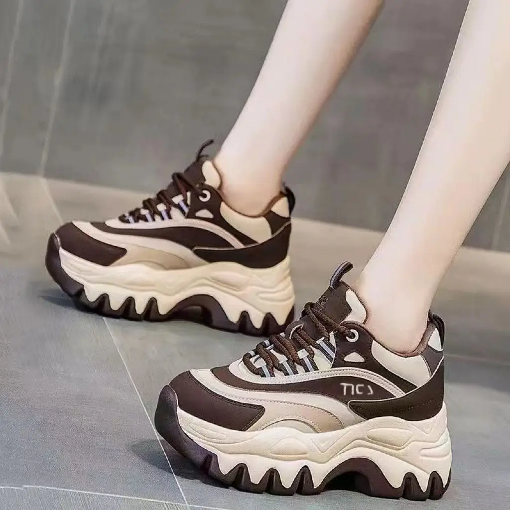 Sneakers Women Casual White Shoes 8CM Fashion Height Increasing Thick Bottom Spring Platform Leather Woman Chunky Sneakers2026