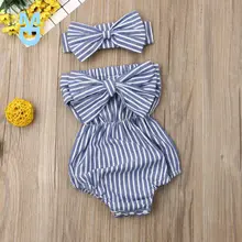 

New Fashion born Baby Clothes Off Shoulder Bowknot Striped Bodysuit 2Pcs Jumpsuit+Headband Outfits Set Girl Cute Clothing