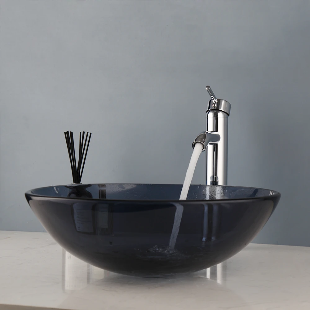 KEMAIDI Bathroom Basin Round Bowl Sink Washbasin Faucet Combo Grey Bathroom Vessel Basin Sinks w/ Hot Cold Water Mixer Faucets 6