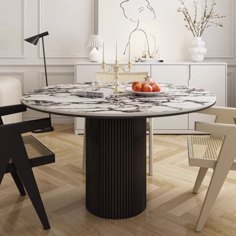 

Кремовый стиль, круглая французская скальная плита, металлические ножки в стиле ретро, современный обеденный стол, кухонный стол, обеденная домашняя мебель