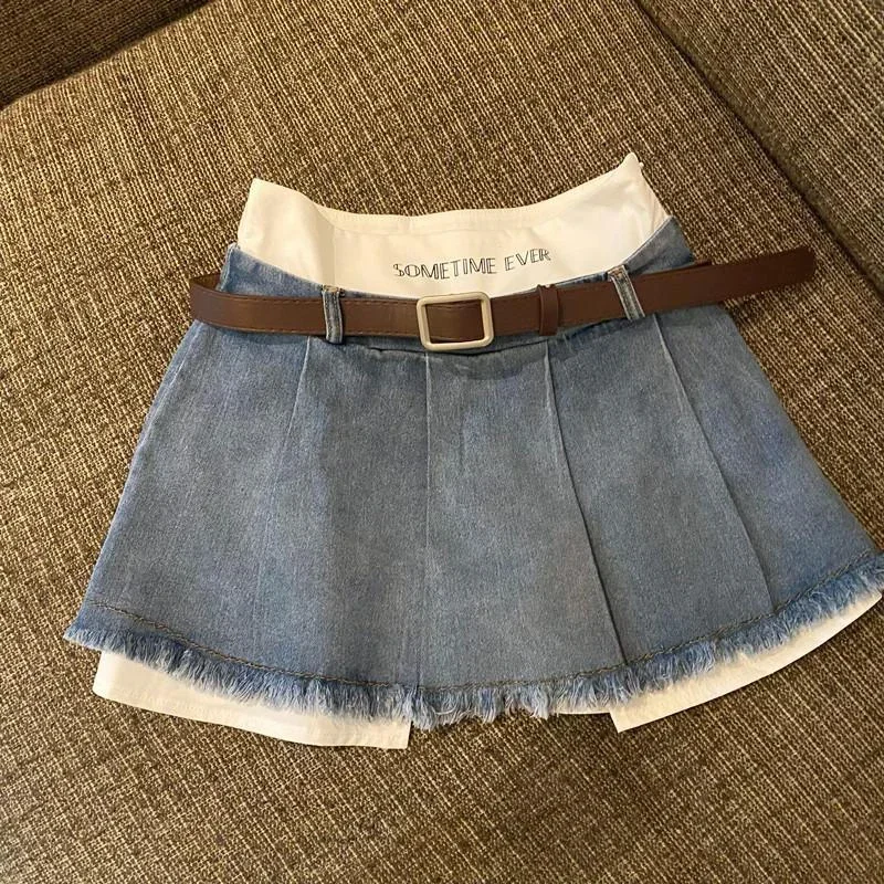 New Gidyq High Waist Women Denim Skirts Summer Korean Patchwork Casual Mini Skirts Streetwear Female Tassels A Line Jeans Skirts