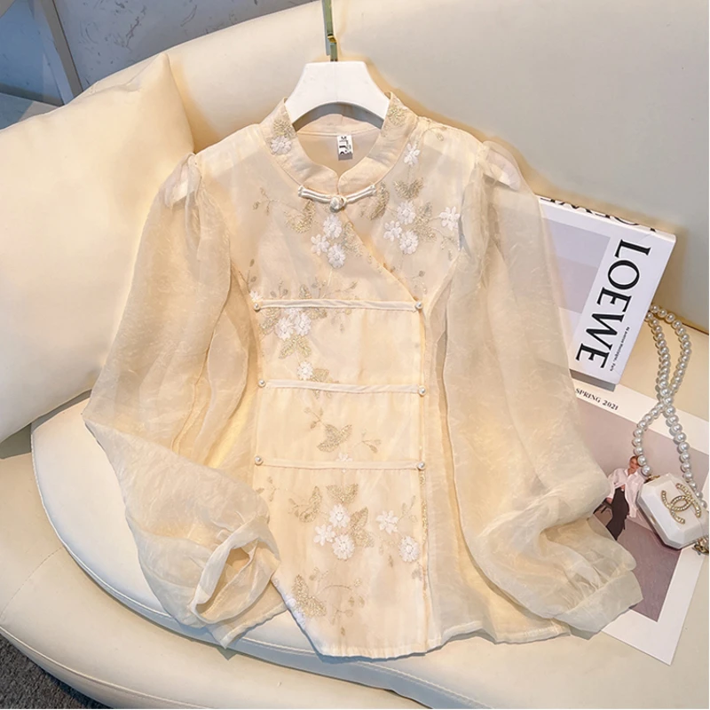 Embroidery Women's Shirts Summer 2023 New Flower Chinese Style Blouses Loose Top Long Sleeves O-neck Ladies Clothing