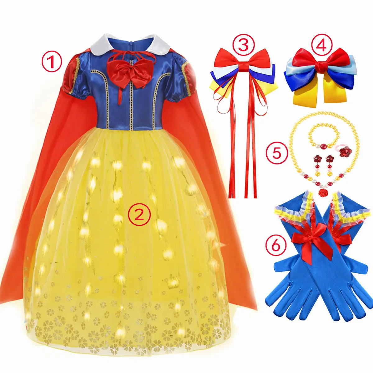 Disney Snow White Dress For Girl Snow White Princess Dress Cosplay Party Vestidos Ball Gown Girl Add Shine Luci A Led Colorate