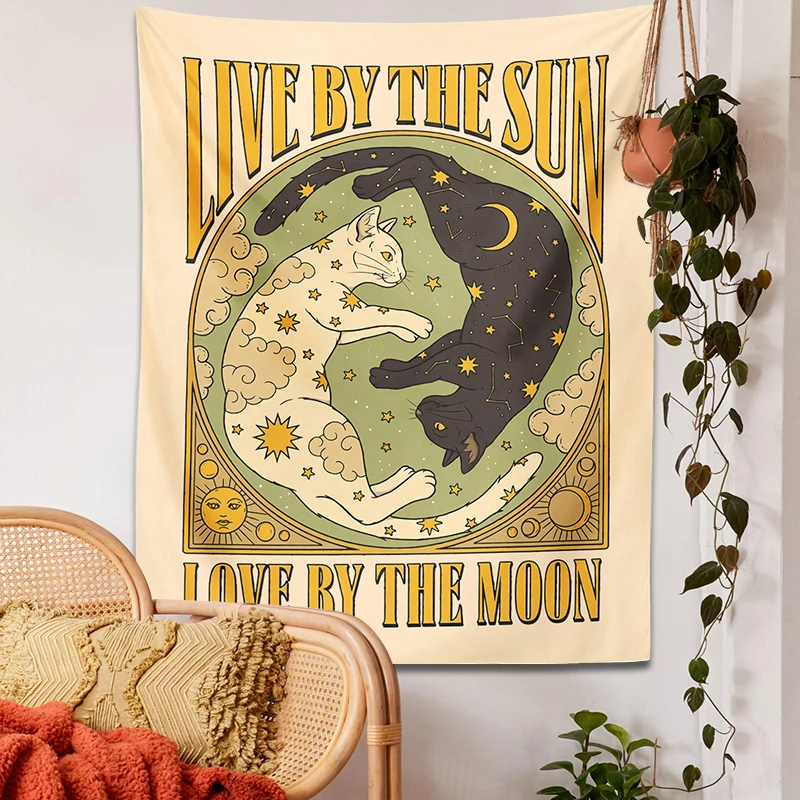 Sun Moon cat Tapestry Wall Hanging Tarot retro black white cat