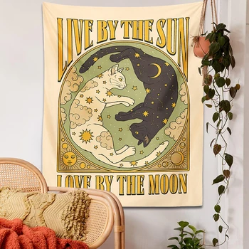 Tapisserie murale suspendue soleil lune chat Tarot rétro noir blanc chat psychédélique étoile d'amour pour salon maison dortoir décor tissu cadeau 1