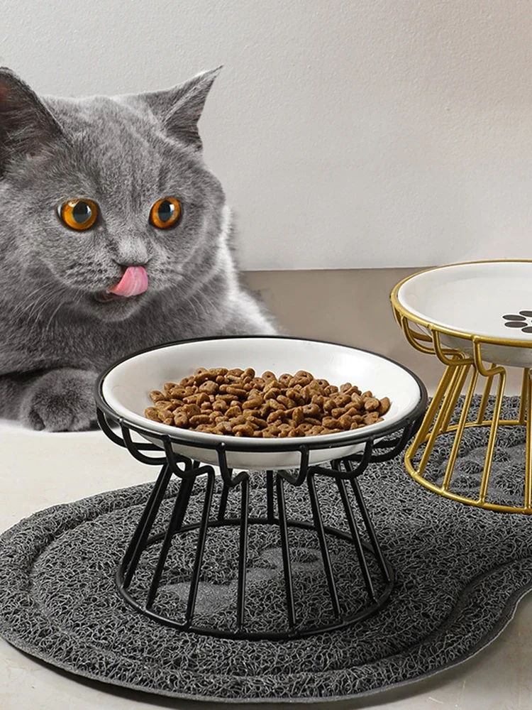 Description Picture 2 of item1Set Pet Ceramic Bowl Iron Rack Cat Food Snacks Canned Plate Anti-black Chin Anti-turning Water Does Not Leak Easy To Eat