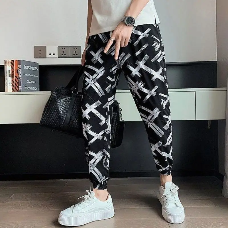 2024 New Summer Casual Loose Plus Oversize Fashion Trend High Waisted Printed Ice Silk Quick Drying Hooded Harlan Pants for Men