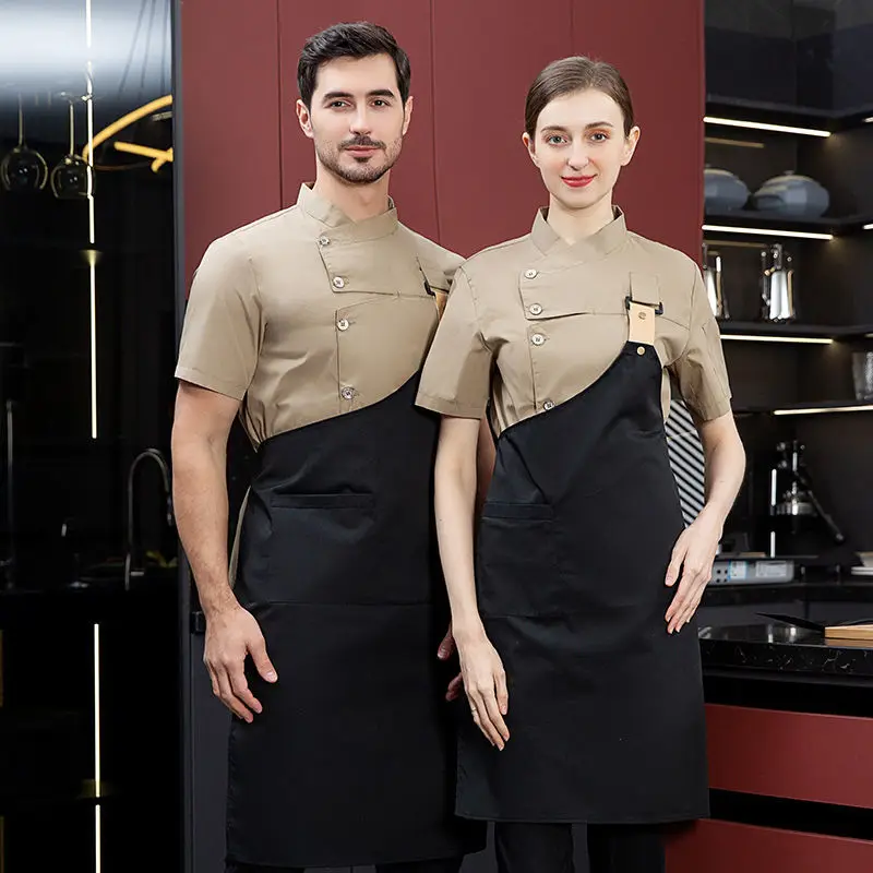 Men Grey Chef Coat Logo short Sleeve Chef Jacket Apron for Summer Head Chef Uniform Restaurant Hotel Kitchen Cooking Clothes food service long sleeve chef jacket professional head chef uniform restaurant hotel kitchen grey chef uniform chef coat b 6260