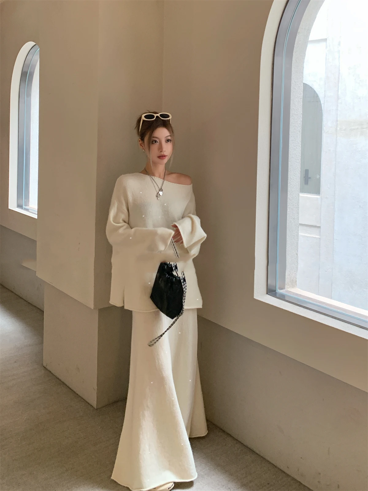 Sexy Soft Elegant Vintage Women Suits 2 Pieces Female Sets Slash Neck Sweater & Midi Dress Bling Knitted TrackSuit