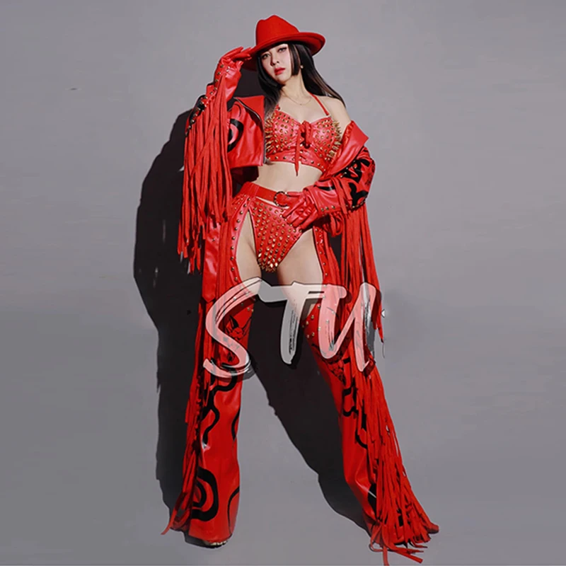

Punk Rivet Bikini Fringed Coat Singer Performance Stage Outfit Hollow Out Pants Carnival Clothing Drag Queen Costume VDB6772