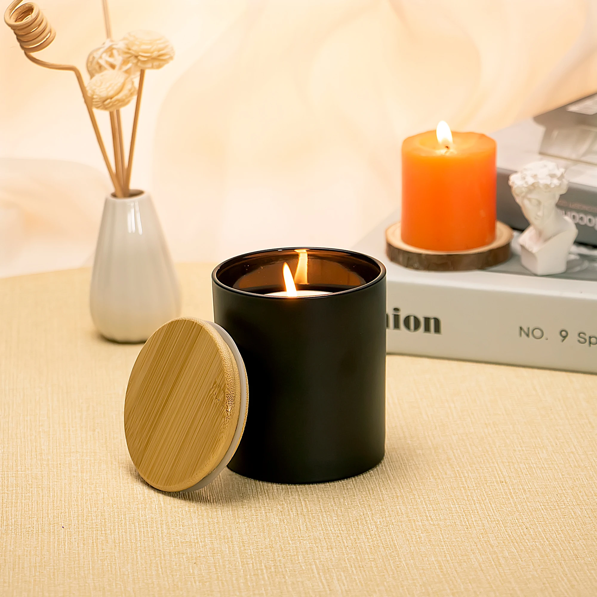 10OZBlackGlassCandleJarswithBambooLidsBulkContainersfor