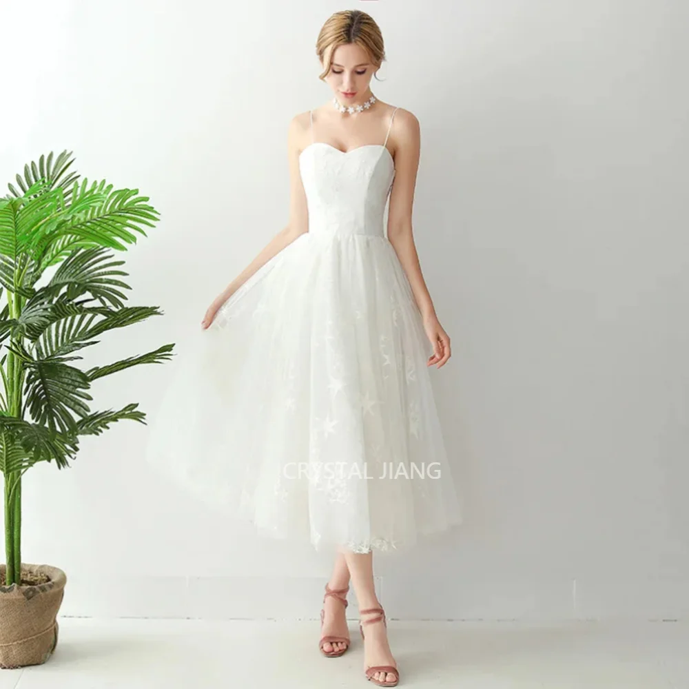 

Vintage Short White Spaghetti Straps Tulle Wedding Dresses Sleeveless A Line Tea Length Vestido De Novia Party Gowns