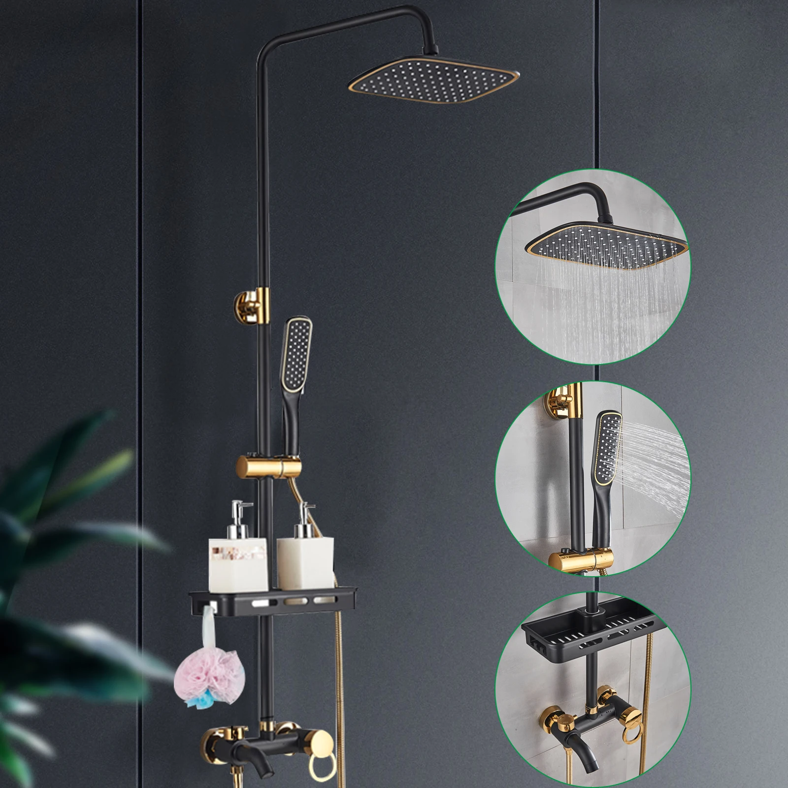 Thermostatic Shower Set Bathroom Metal Black Shower Mixer Faucet Constant Shower Tap Shower Shelf 2