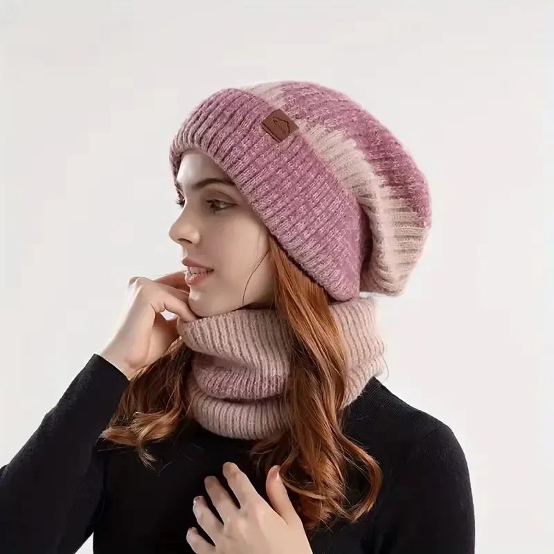 Women's Two-Tone Knitted Hat with Velvet Bib, Thickened Beanie, Warm Earmuff, Birthday, Valentine's Day, Winter