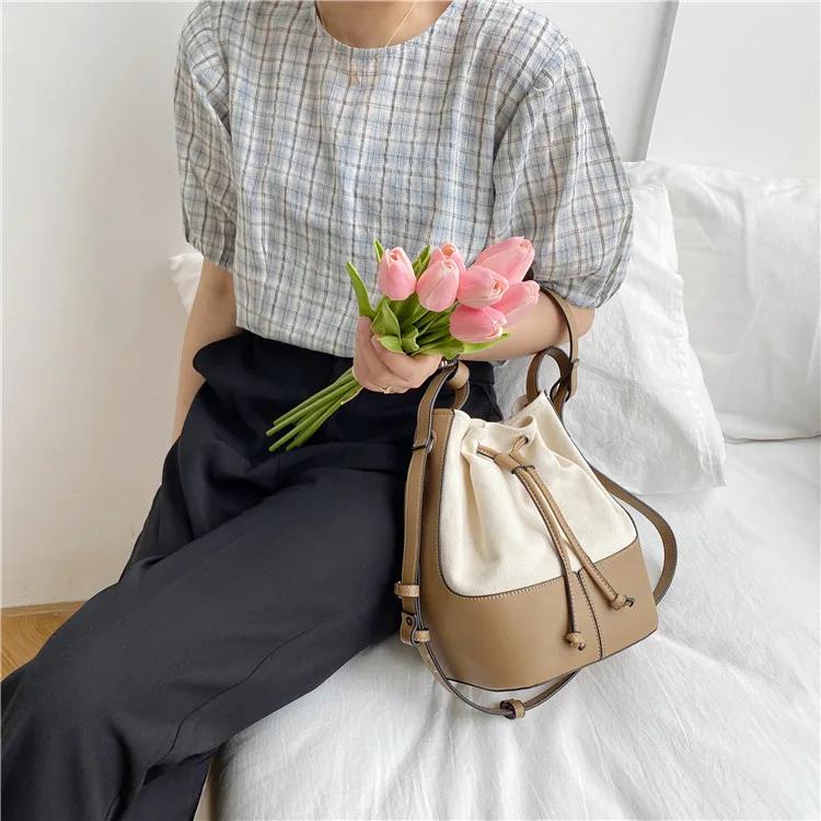 [ NERDY ]★25SS★韓国人気★CANVAS TWO WAY BUCKET BAG Korean style Stitching canvas Small Bucket Bags for Women