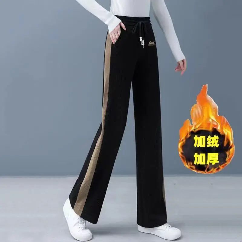 Velvet Women Pants Fleece Korean Autumn Winter Corduroy Wide-legged Pants Trouser High Waist Warm Thick Patchwork Loose Solid