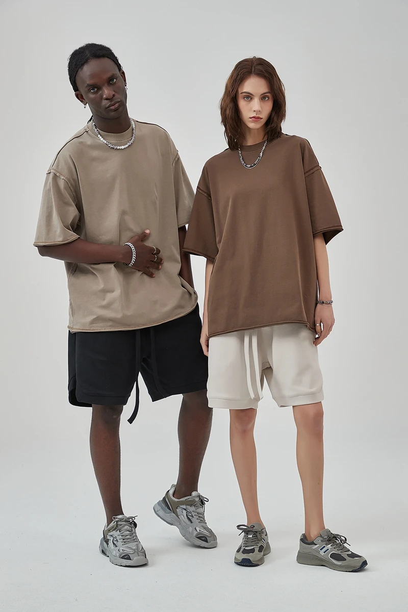 Distressed T-Shirt   Anywear Unisex MiteigiYūki Fitness Round O-Neck Crewneck European and American Streetwear Washed-water Mens and Womens Oversize Hasselle Train Line Scattered Edge Top Sportswear T-Shirts Plus size Tops for Man Woman in Camel gray grey Auburn brown