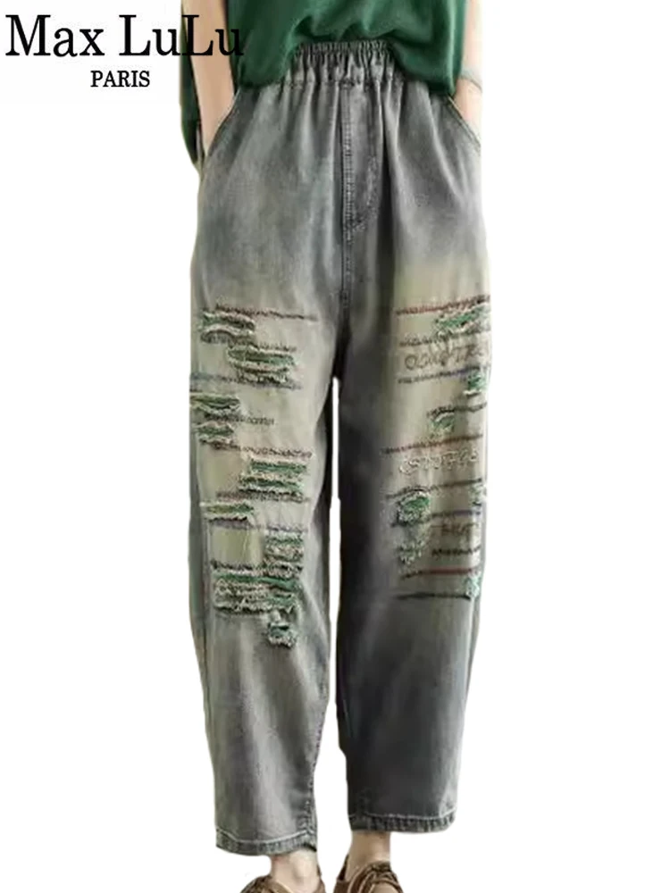 Max Lulu Summer Fashion Holes Denim Pants Womens Casual Vintage Loose Elastic Jeans Ladies Luxury Ripped Classic Harem Pants