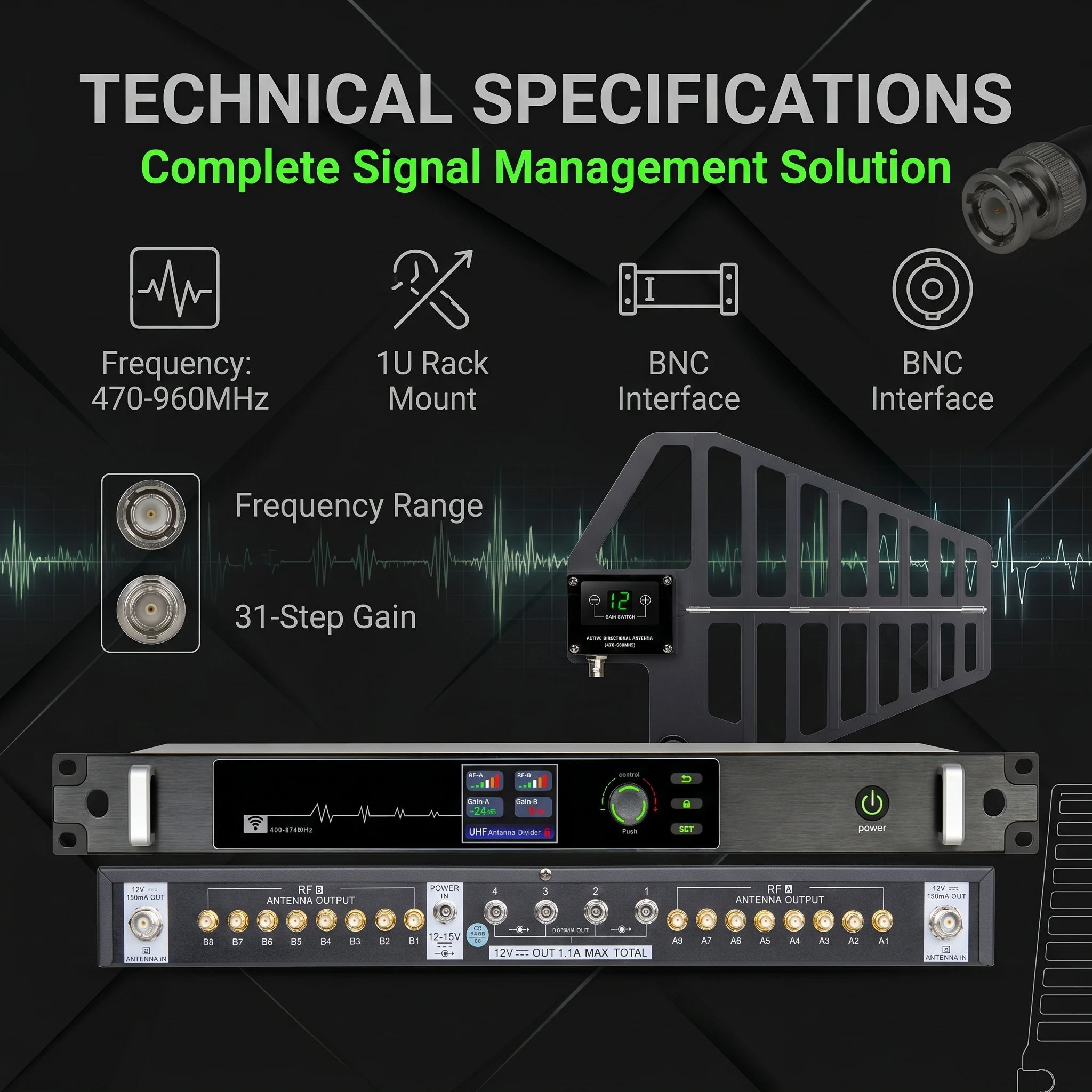 폴킷슨 AT-16Pro UHF 안테나 분배 시스템 16채널 470-960MHz 무간섭 고이득 스테이지 라이브 무선 마이크 앰프 키트