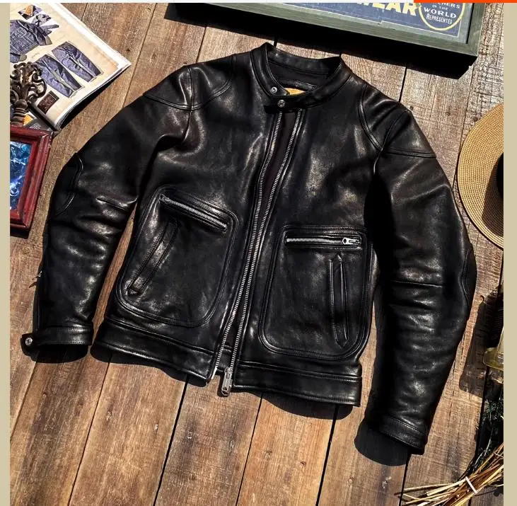 

YR!Free shipping.Cidu black classic rider genuine leather jacket.Luxury Italy tanned sheepskin coat.Men heavy bomber leather