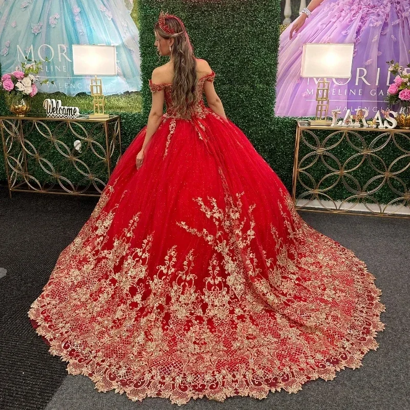 ANGELSBRIDEP Red Gold Applique Lace Beading Quinceanera Dress Ball Gown Puffy Tulle Off the Shoulder Sweet 16 Dress Vestidos 15