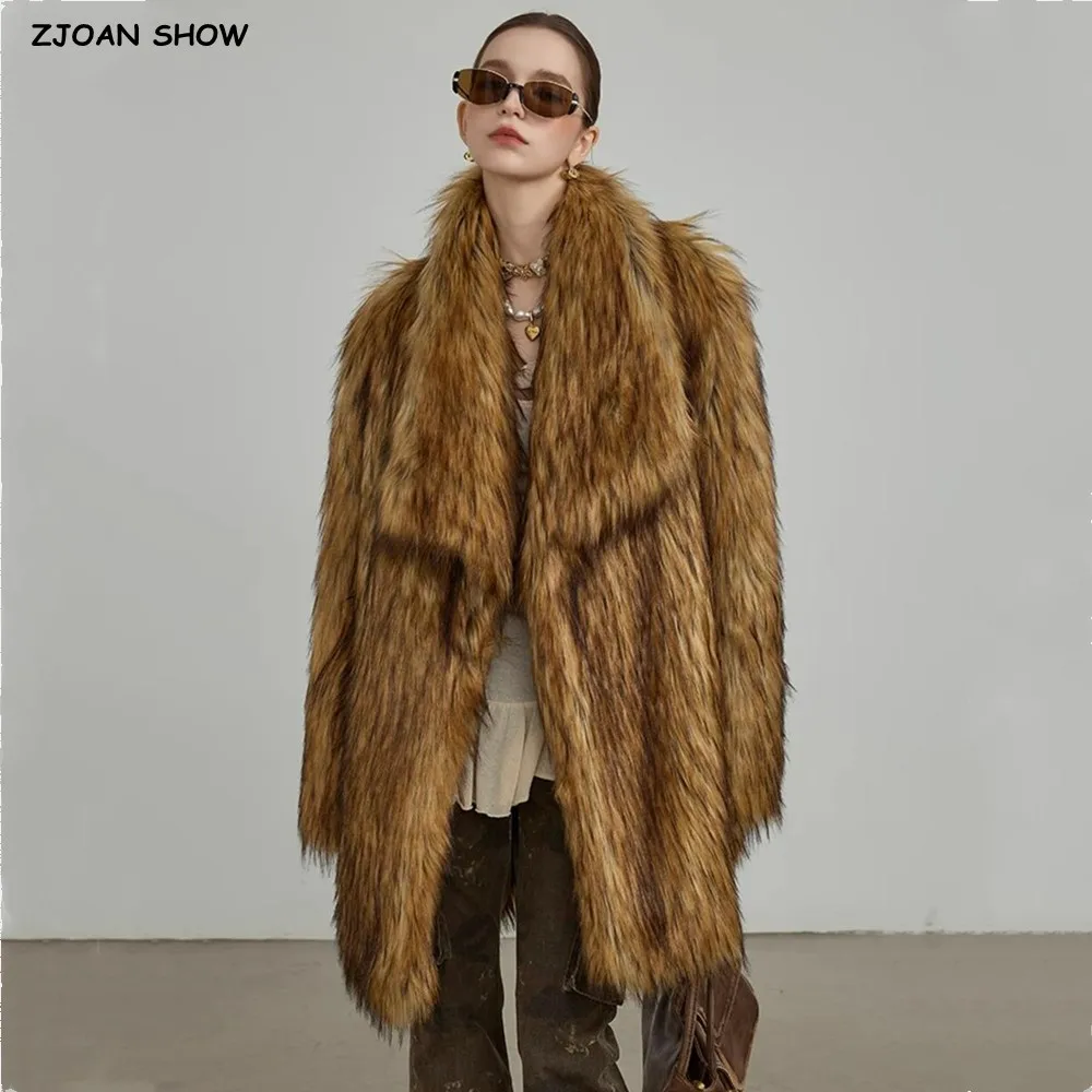 Winter Gradient Gold Brown Long Hairy Shaggy Raccoon Faux Fur Coat