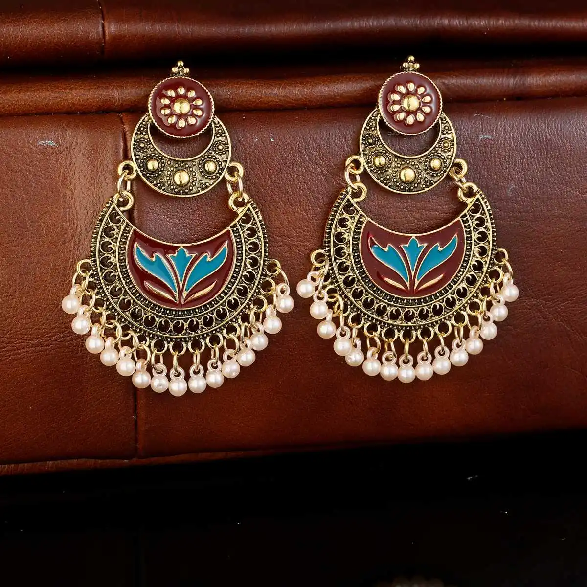Boucles D'oreilles London En Perles Bleues Avec Jumki - Bijou Indien/pakistanais - Neuf