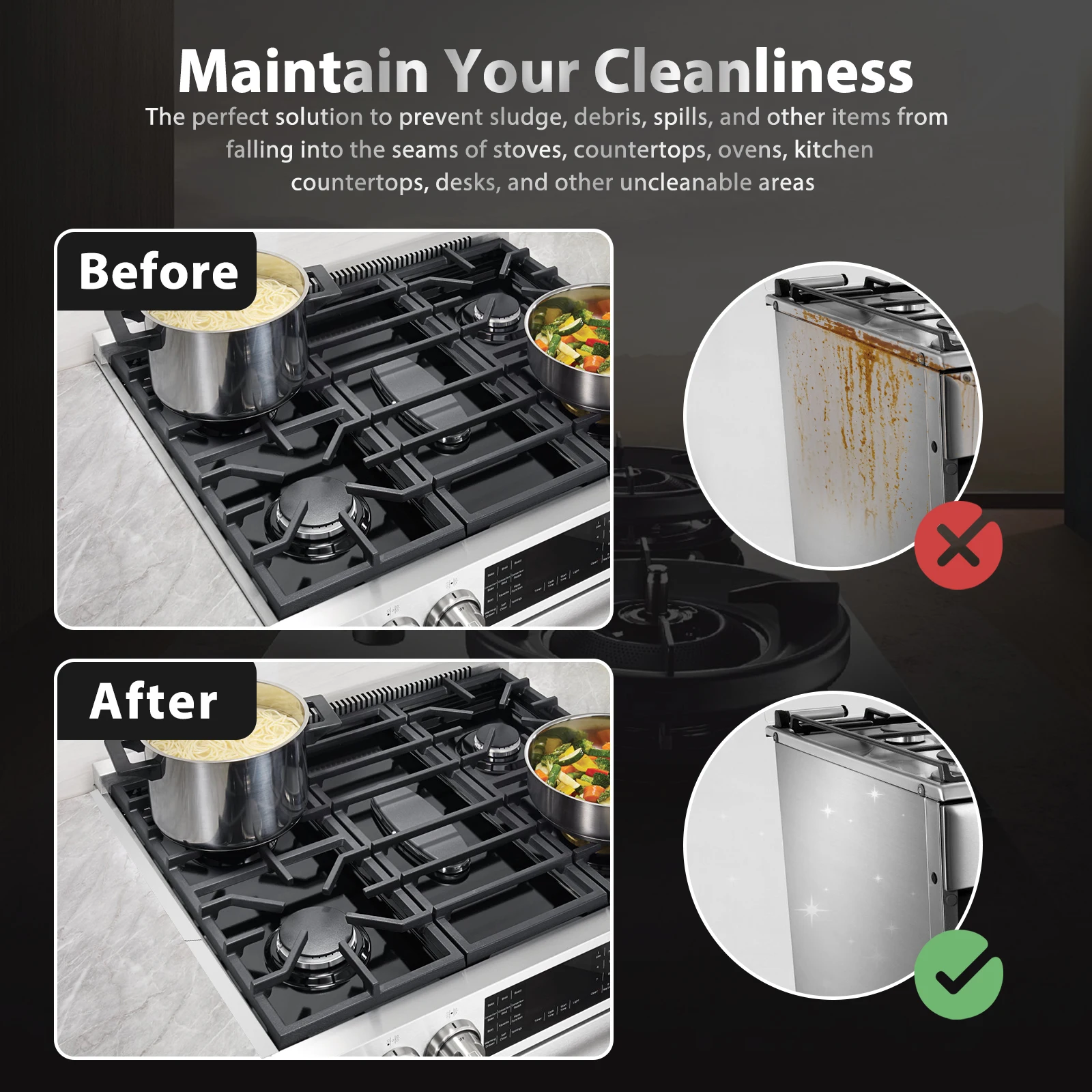 2Pcs Stainless Steel Stove Gap Covers Adjustable Length Oven Side Gap Fillers Anti Rust Heat Resistant Stove Counter Fillers stove gap cover