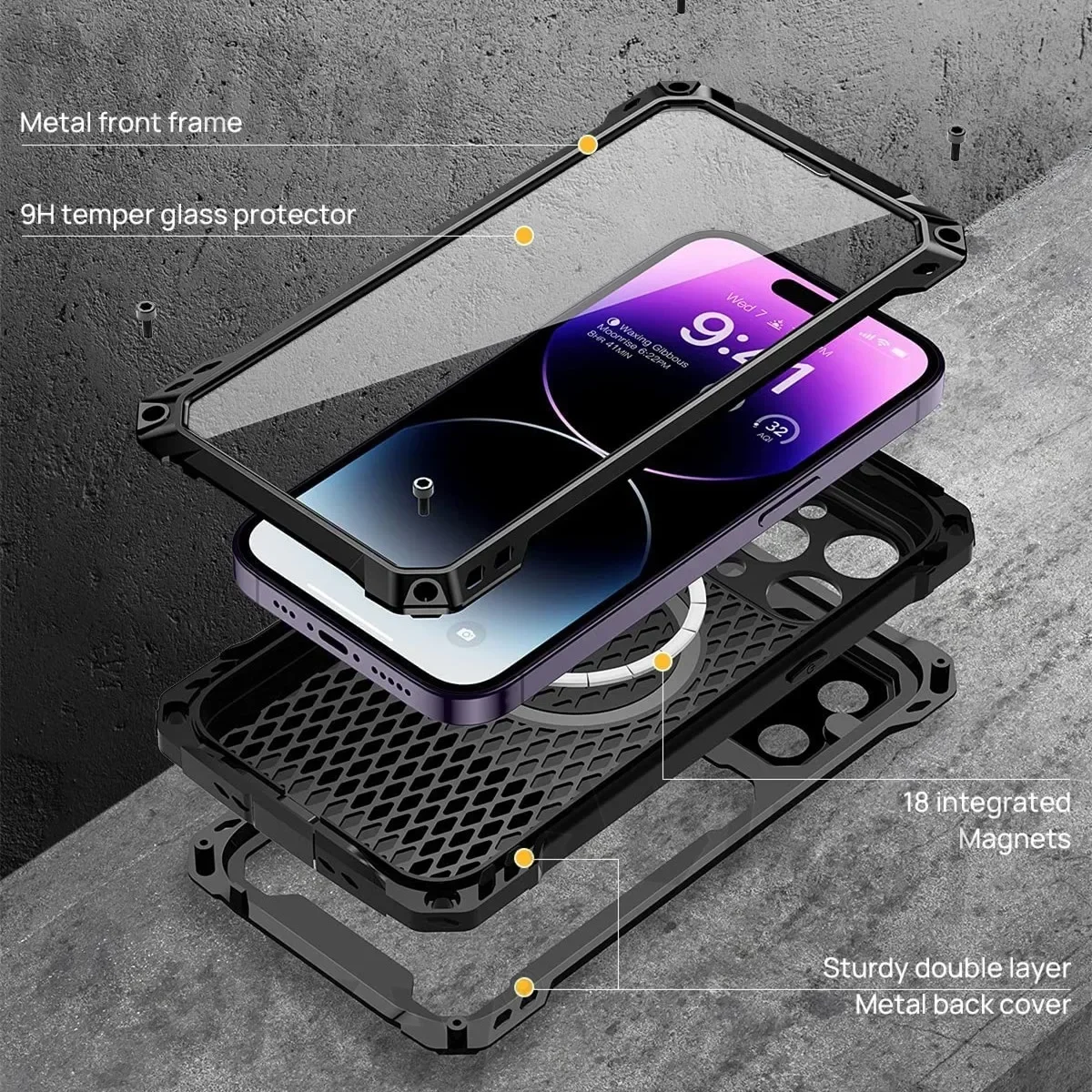 Rugged Metal Armor Case with Tempered Glass & Magnetic Covers