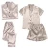 4PCS Women's Blue Pajamas Sets Silk Satin Top Pant Long sleeve Solid Button-Down Pyjamas Satin Set Nightgown Ladies Sleepwear 5