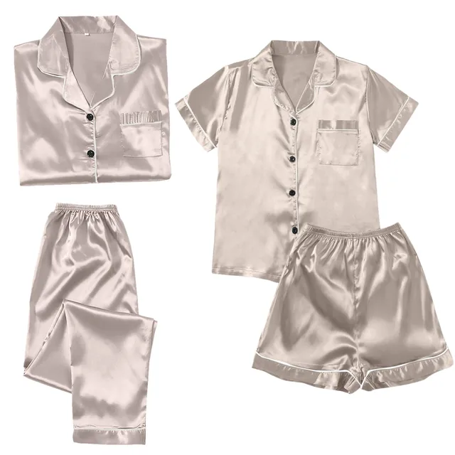 4PCS Women's Blue Pajamas Sets Silk Satin Top Pant Long sleeve Solid Button-Down Pyjamas Satin Set Nightgown Ladies Sleepwear 5