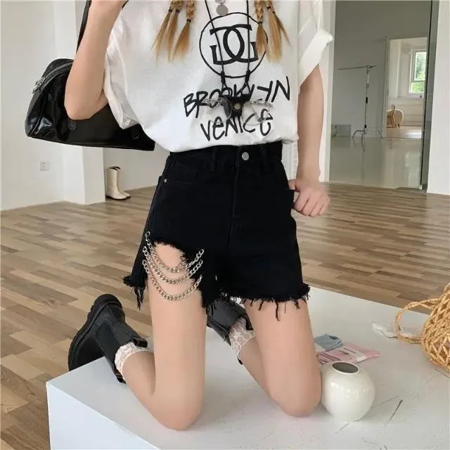 

Tassel Denim Jeans Shorts Women High Waist Chain Korean Short Pants Ripped Wide Leg Shorts Pockets One Button Harajuku