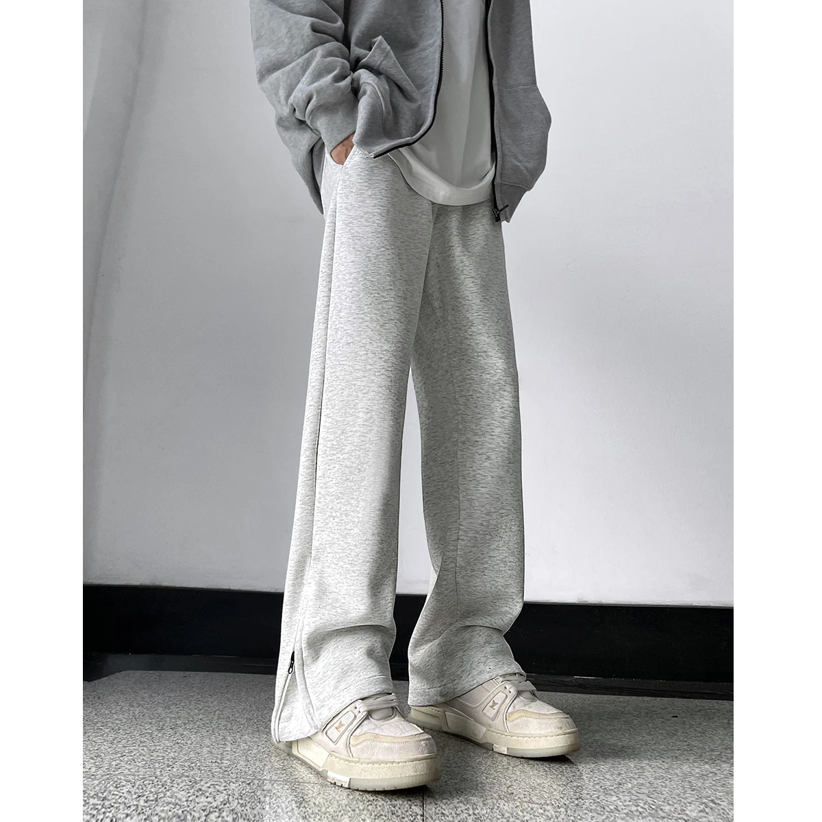 꽃 회색 무거운 스웨트 팬츠 남성 패션 브랜드 가을 느슨한 스트레이트 스플릿 부트 컷 바지 디자인 고급 바지