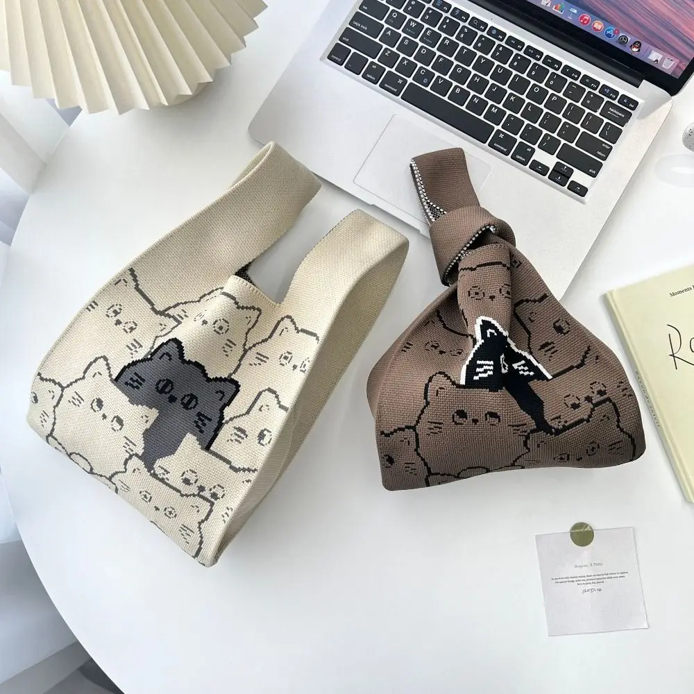 Cat Knitted Wrist Bag Women Bag Casual Shoulder Tote Bag Female Reusable Shopping Bags Woven Handbag Simple