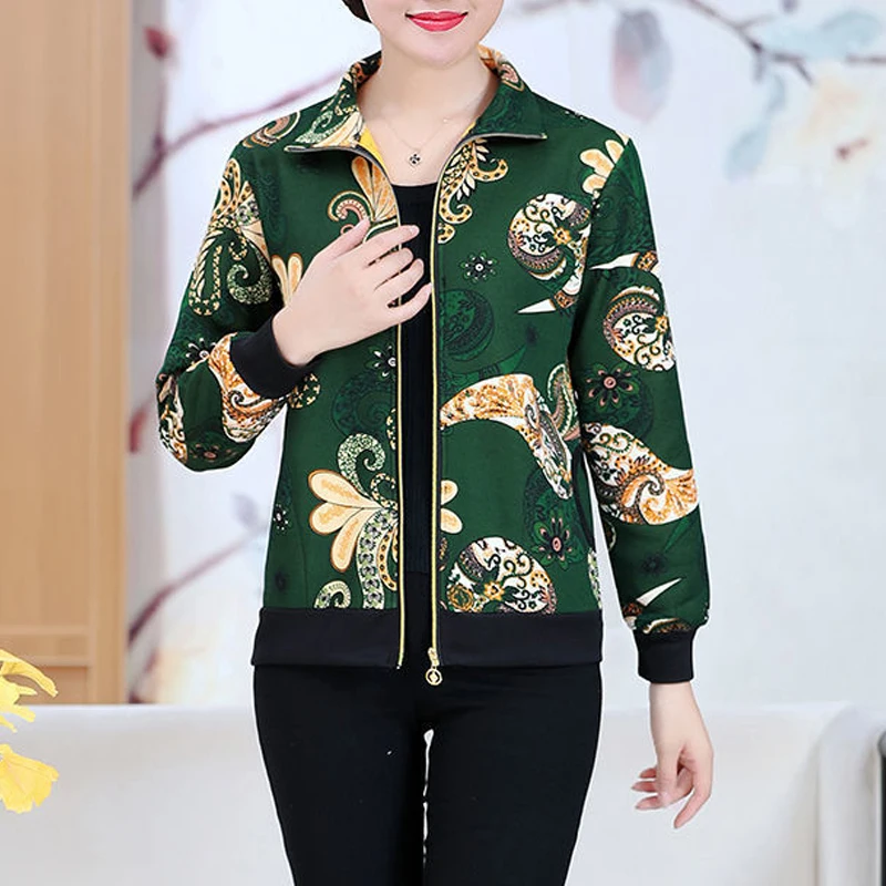 Autumn Middle-aged and Elderly Women Fashion Vintage Print Zipper Jacket Ladies Elegant Casual Long Sleeve Pocket Outerwear Coat