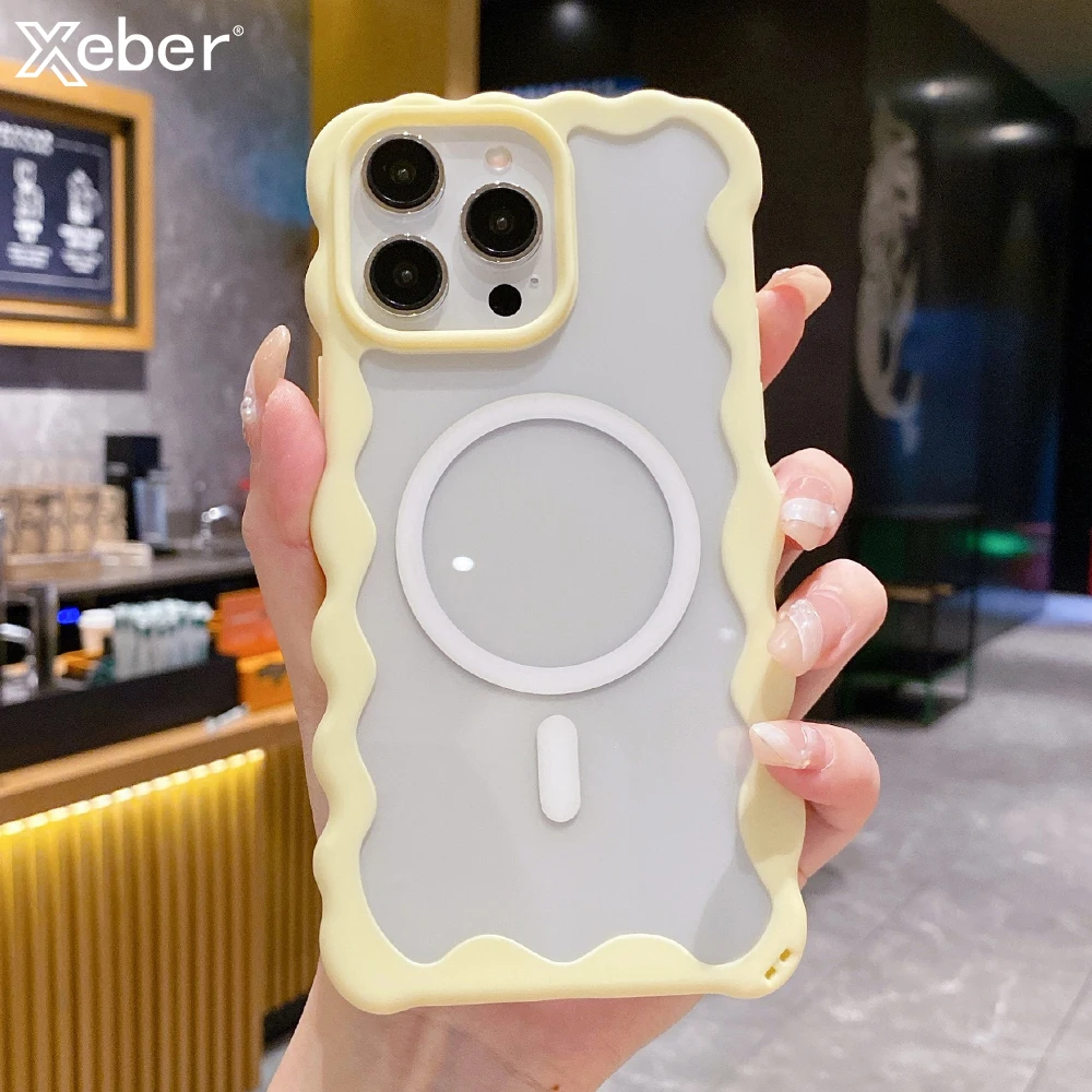 Cream Curly Wave Border Magnetic Case For iPhone 11 12 13 14 Plus 15 16 Pro Max Transparent For Magsafe Wireless Charge Cover_voghion.com