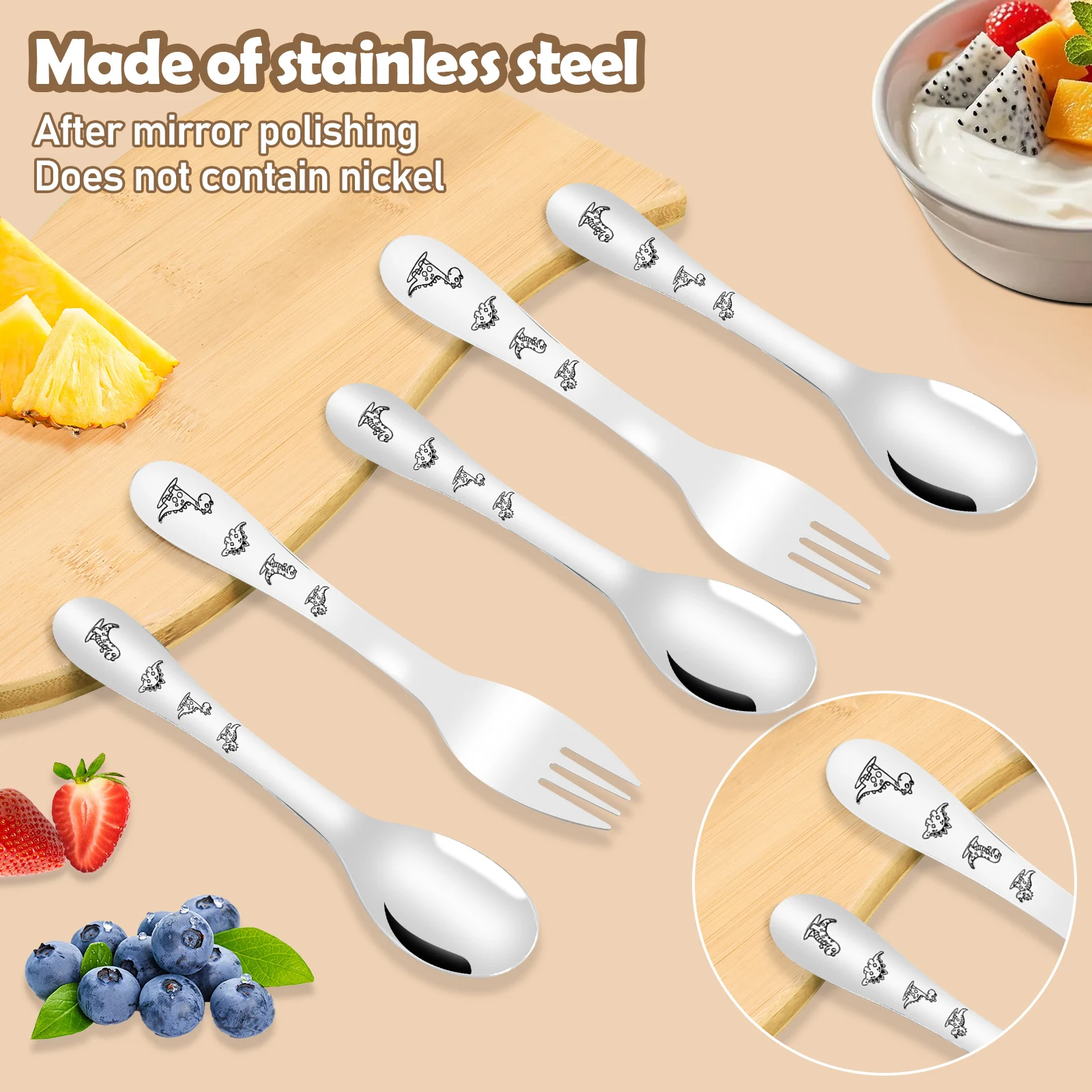 10Pcs Stainless Steel Toddler Utensils Set Cartoon Dinosaur Kid Silverware Set Mirror Polished Child Fork and Spoon Kit