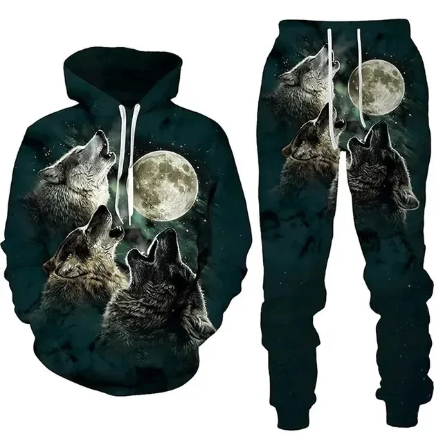 Autumn Men Animal Wolf Hoodie Printed Male Autumn Casual Sweatshirt Sweatpants Pullover Men Tracksuit Set Men's Clothing Suit 6
