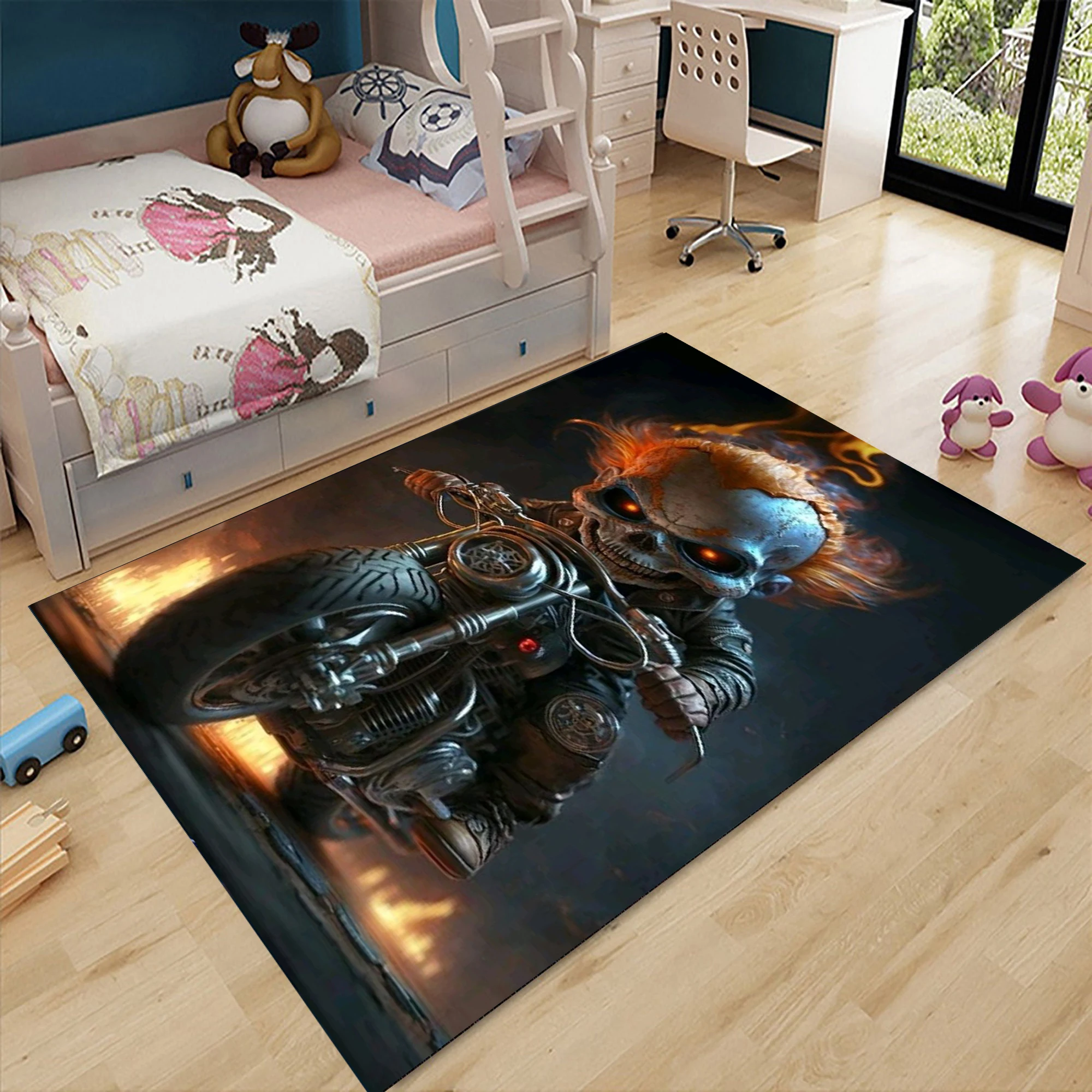 Cool Skeleton Riding Motorcycle Custom Rug Digital Printing Process Simple Housewarming Gift Handmade Non-slip Decorate Carpet